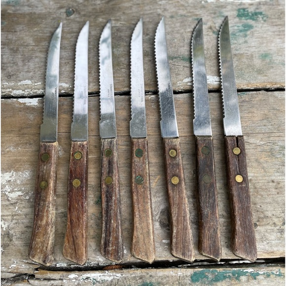 Kitchen Vintage Serrated Stainless Wood Steak Knives Japan Set Of 7